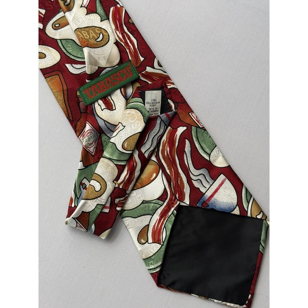 VTG Tabasco 100% Silk Tie Spicy Eggs and Bacon W-4" L-56.5" Made‎ in USA